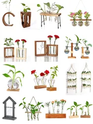 Wall Hanging Glass Planter Ins Terrarium Flower Bud Vase with Wooden Test Tube Holder Home Office Garden Wedding Decoration