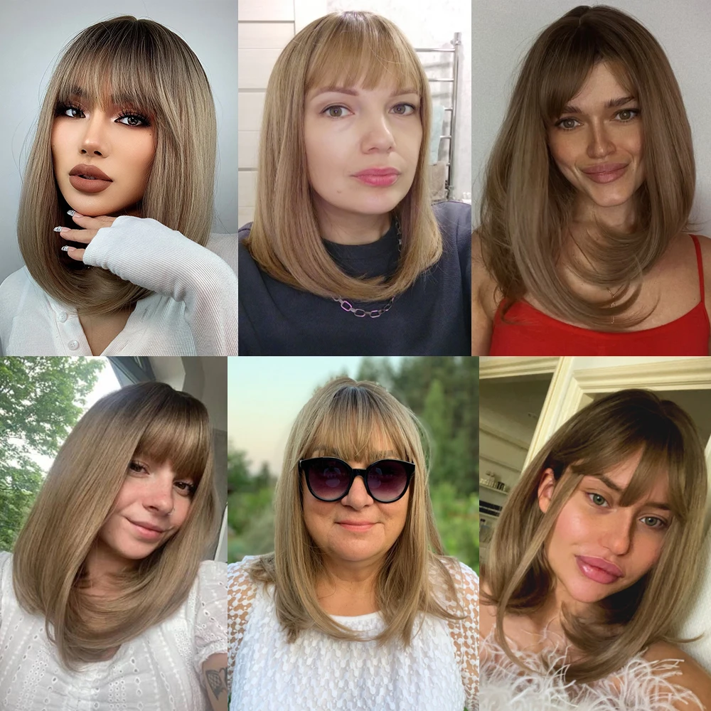 Brown Blonde Short Straight Synthetic Hair Wigs with Bangs for Women Golden Highlight Bob Wigs Cosplay Natural Heat Resistant