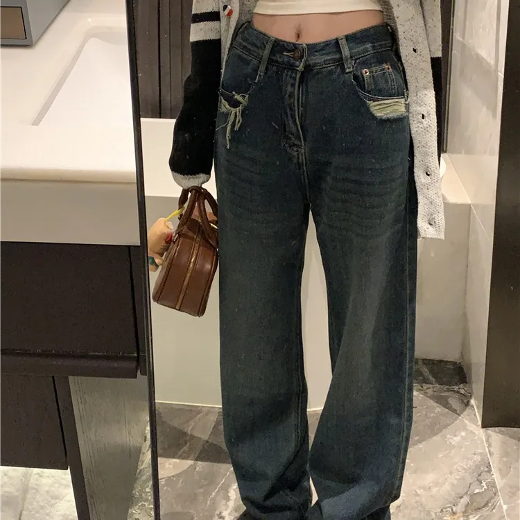 

Свободные широкие джинсы с высокой талией, женские брюки прямого кроя, осенние новые винтажные дизайнерские джинсы с дырками Ele Personali