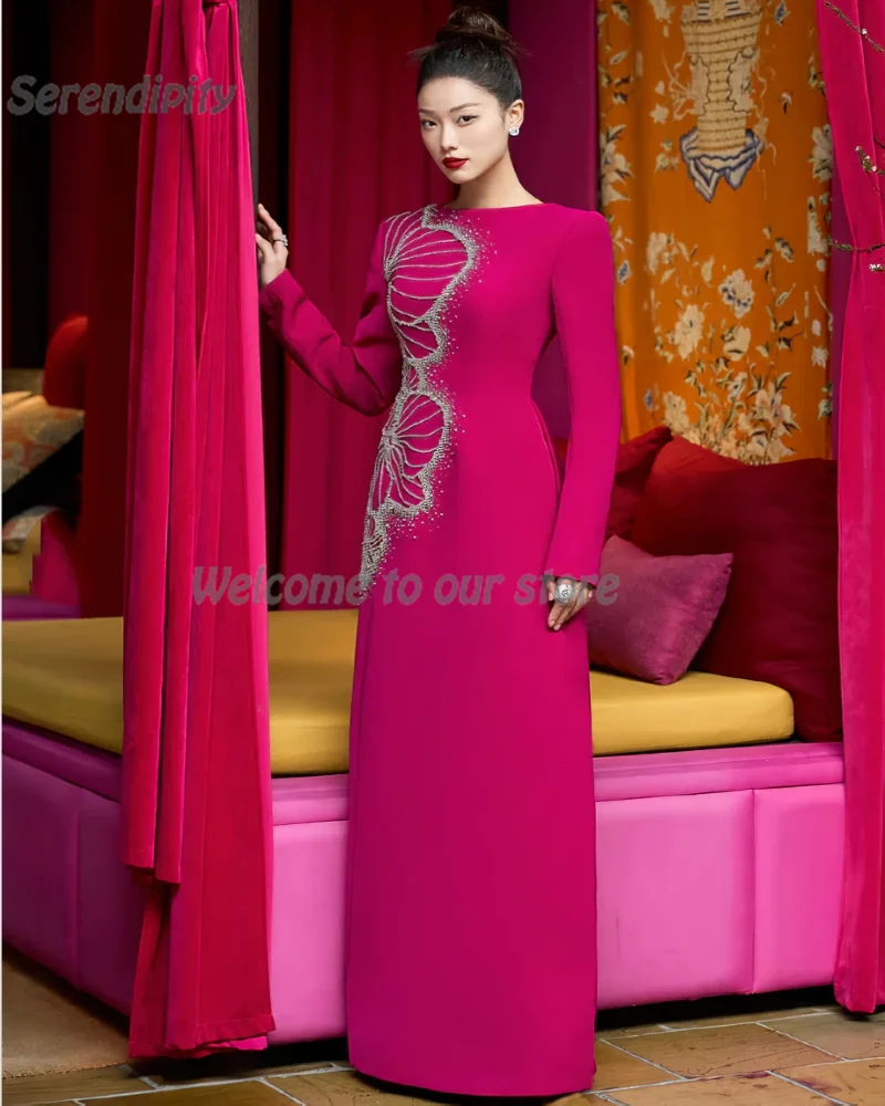 Serendipity Straight فساتين السهرة Long Evening Dress 2024 New Hot O-Neck Elegant Crystal Full Sleeve Party Gown For Sexy Women