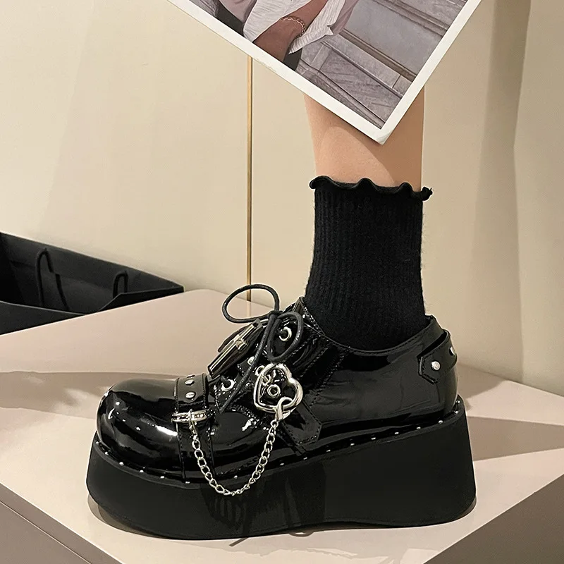 Fashion Zipper Chunky Platform Mary Janes Women Round Toe Buckle Wedge Pumps Woman Patent Leather Y2K Punk Gothic Shoes