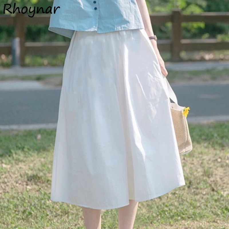 

Solid Skirts Women Summer Sweet Students All-match Japanese Fashion Elastic Waist Ulzzang Simple Leisure Designed A-line Elegant