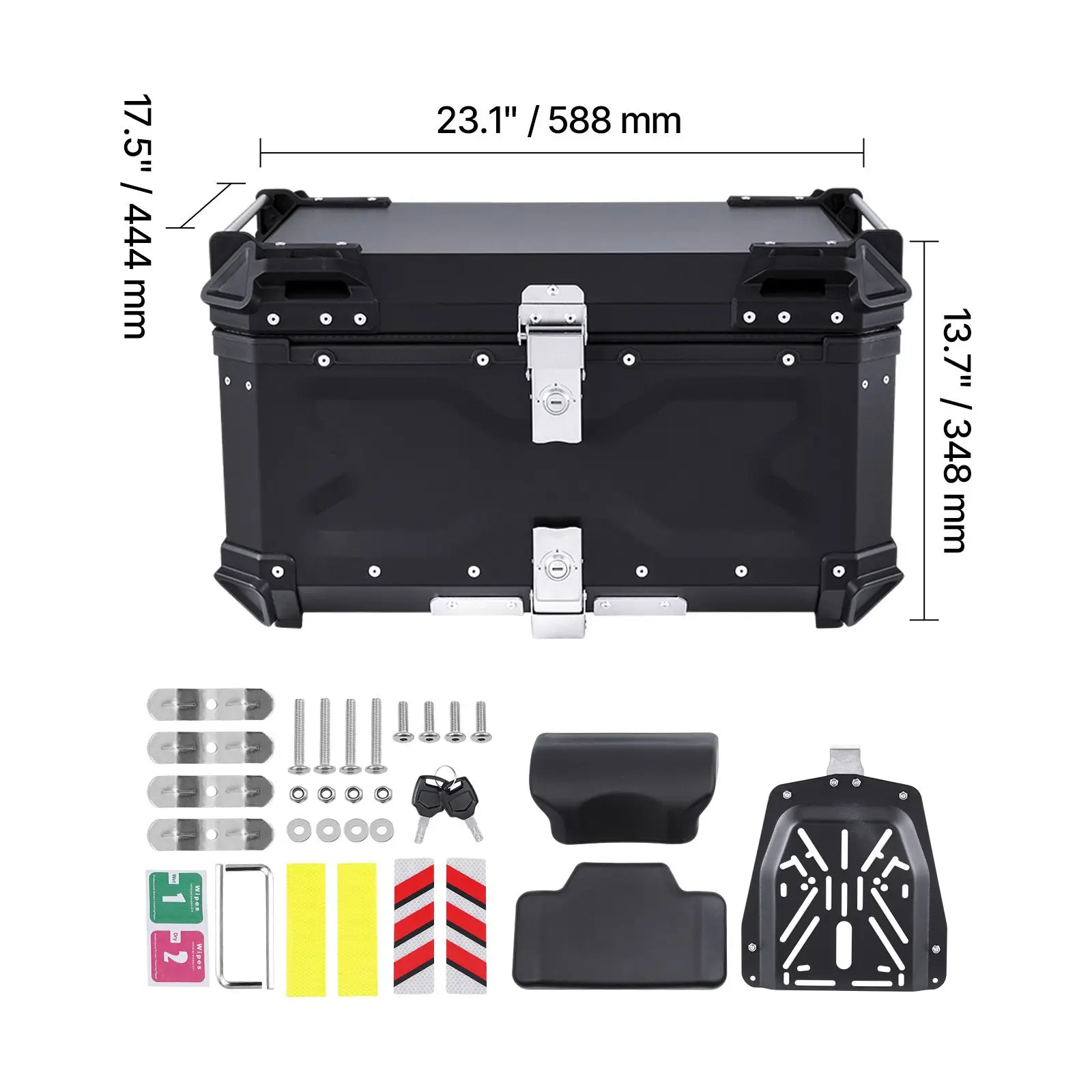 Motorcycle Top Case, Universal Aluminum Alloy Motorbike Tail Box with Leather Lining, 65L Waterproof Detachable Motorcycle Top