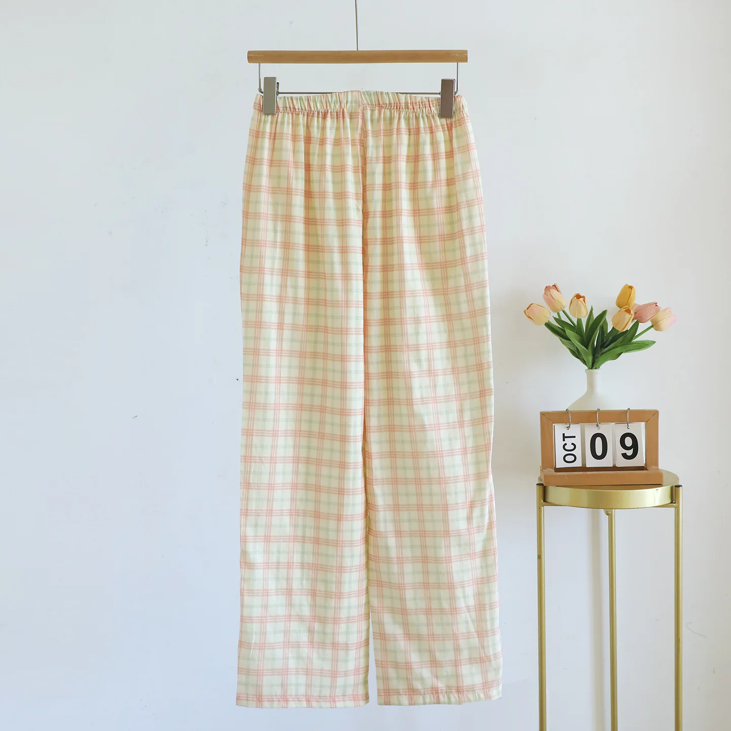 2026 Neue Japanische Damen-Freizeithose für Frühling und Herbst aus Baumwollgaze mit Karomuster, Lässige Frische Haushose für Damen – Detail 7