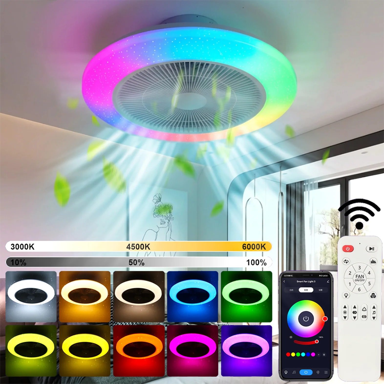 RGB LED-Deckenventilatorleuchte mit Fernbedienung & APP-Steuerung, Bluetooth-Audio, Musik-Rhythmus-Timer-Funktion, RGBCW dimmbar, für Schlafzimmer, Wohnzimmer, Arbeitszimmer, 6 Windgeschwindigkeiten
