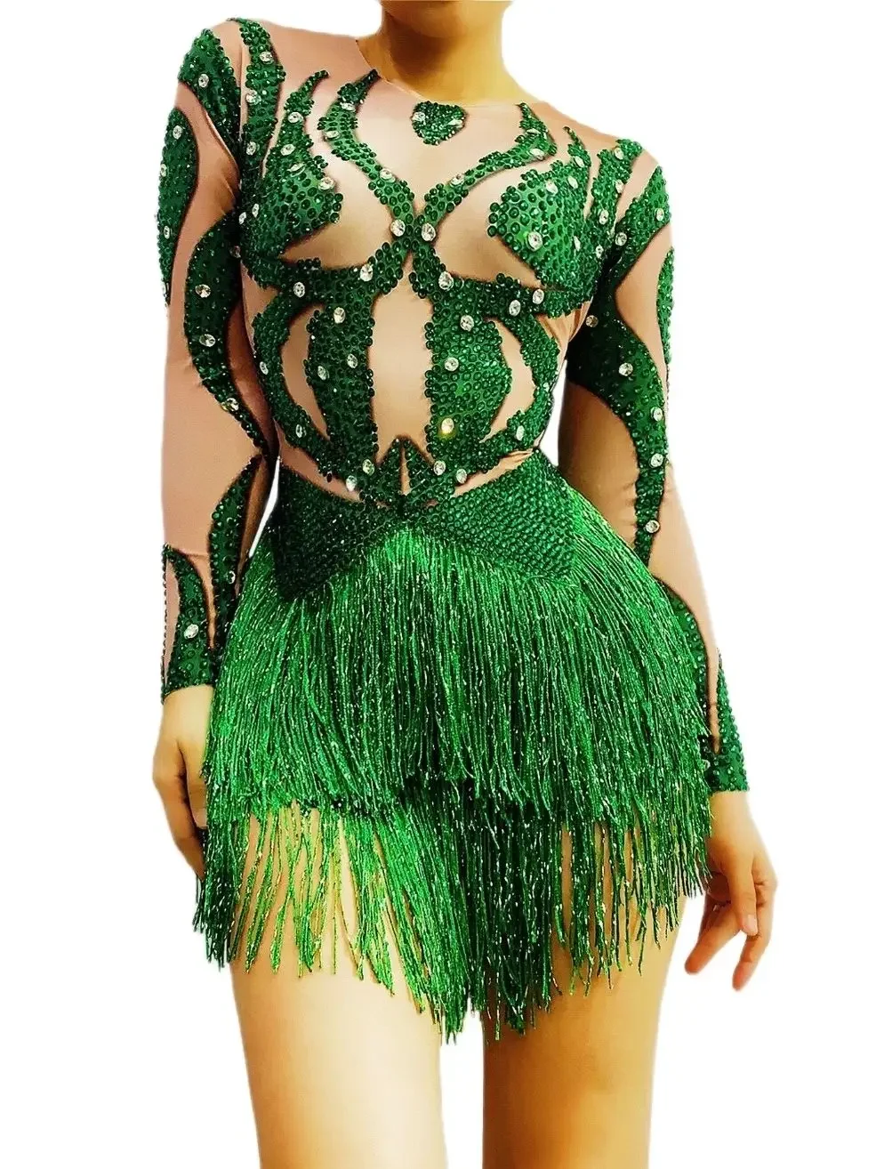 Neue Sexy Grün Strass Fringe Spandex Body Geburtstag Feiern Lange Ärmel Outfit Body Frauen Tänzerin Sänger Show Tragen