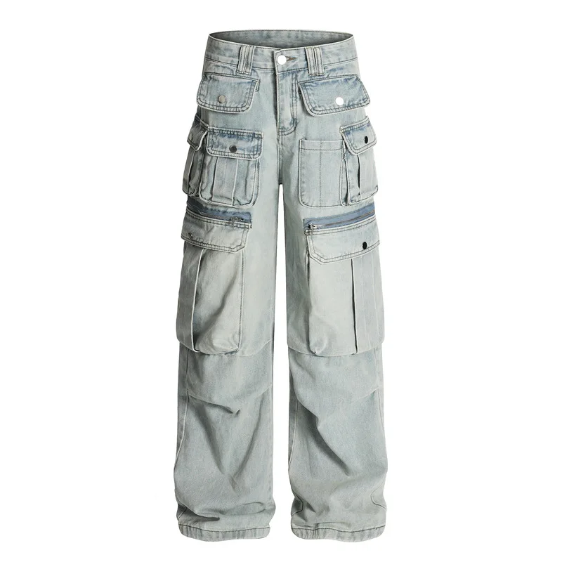 Men's Oversized Vibe Style Hip Hop Jeans Pants With Multi Pockets Fashion High Street Cargo Denim Trousers Techwear Jeans