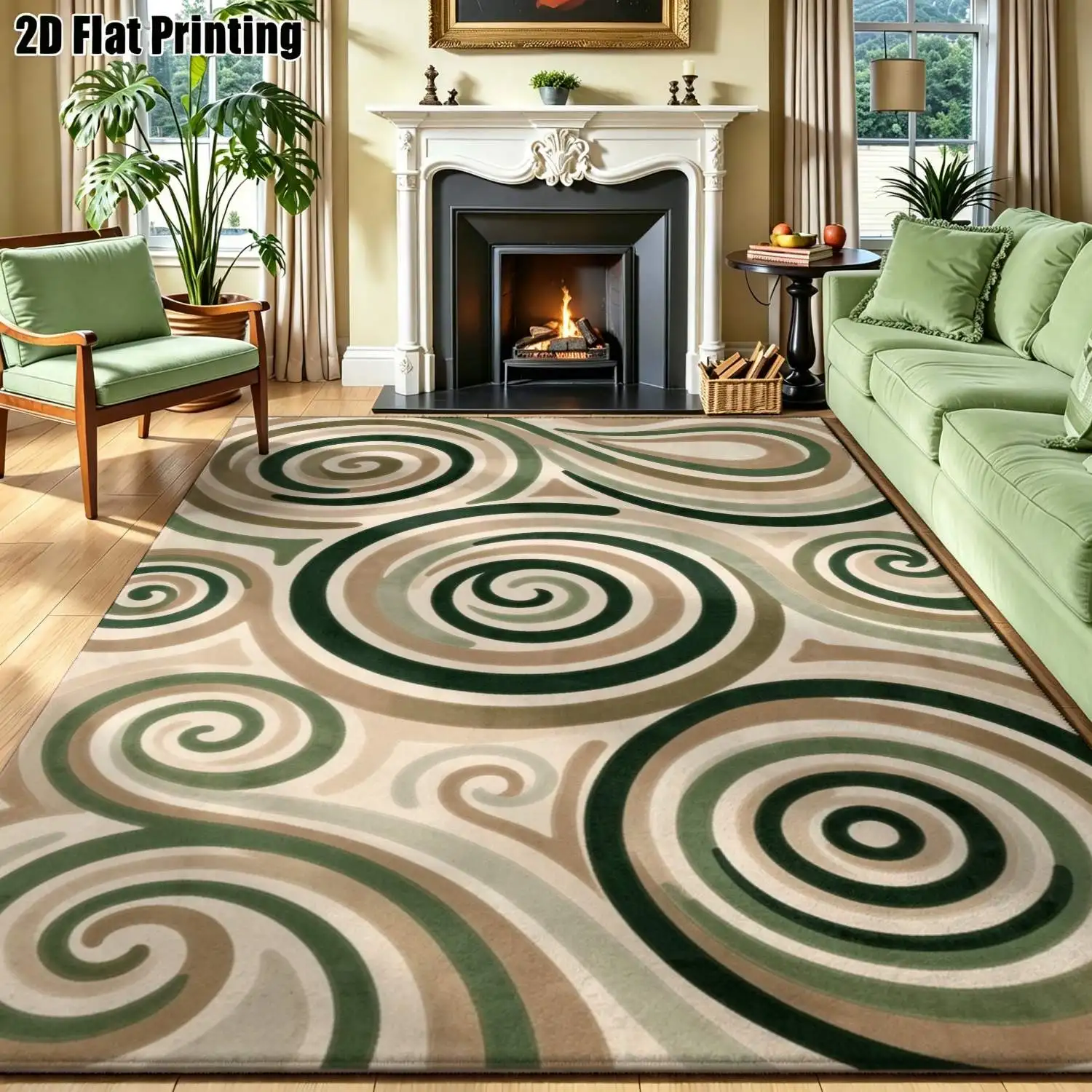 1Pc 2D Printed Carpet: Green-Brown Geometric Spiral, Modern Nordic Instagram Style, Machine Washable, Multi-Size, Ideal for Home Decor & Various Spaces