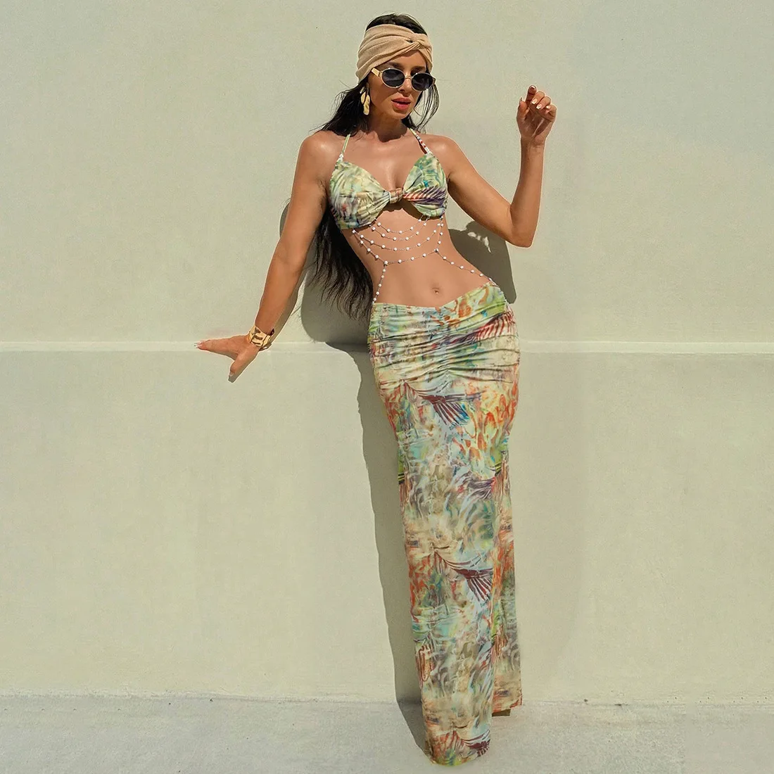 

Women Clothing Halter Bandage Bead Chain Decoration Dress Sexy Beach Wear Hollow Out Dress Slim Backless Hottie Party Dress