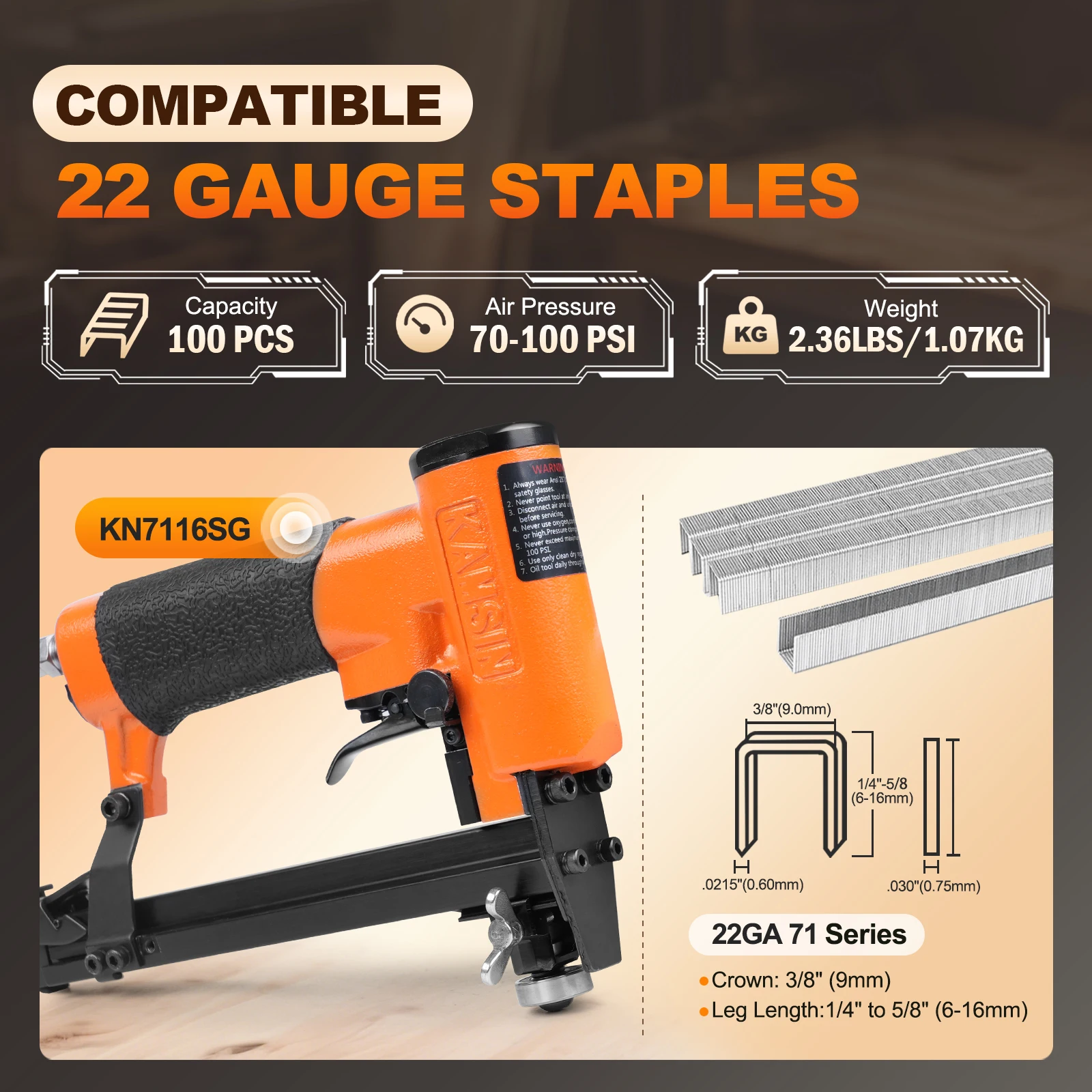 KAMSIN KN7116SG 22 Gauge with Guide Roller, 3/8-Inch Crown, 1/4-Inch to 5/8-Inch Leg Length Fine Wire Stapler for Furniture