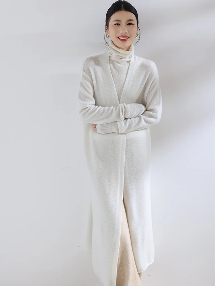 100% Pure Cashmere Long Cardigan Women Open Front Topper Cashmere Duster Knit Sweater Elegant Oversized Layering Piece One Size