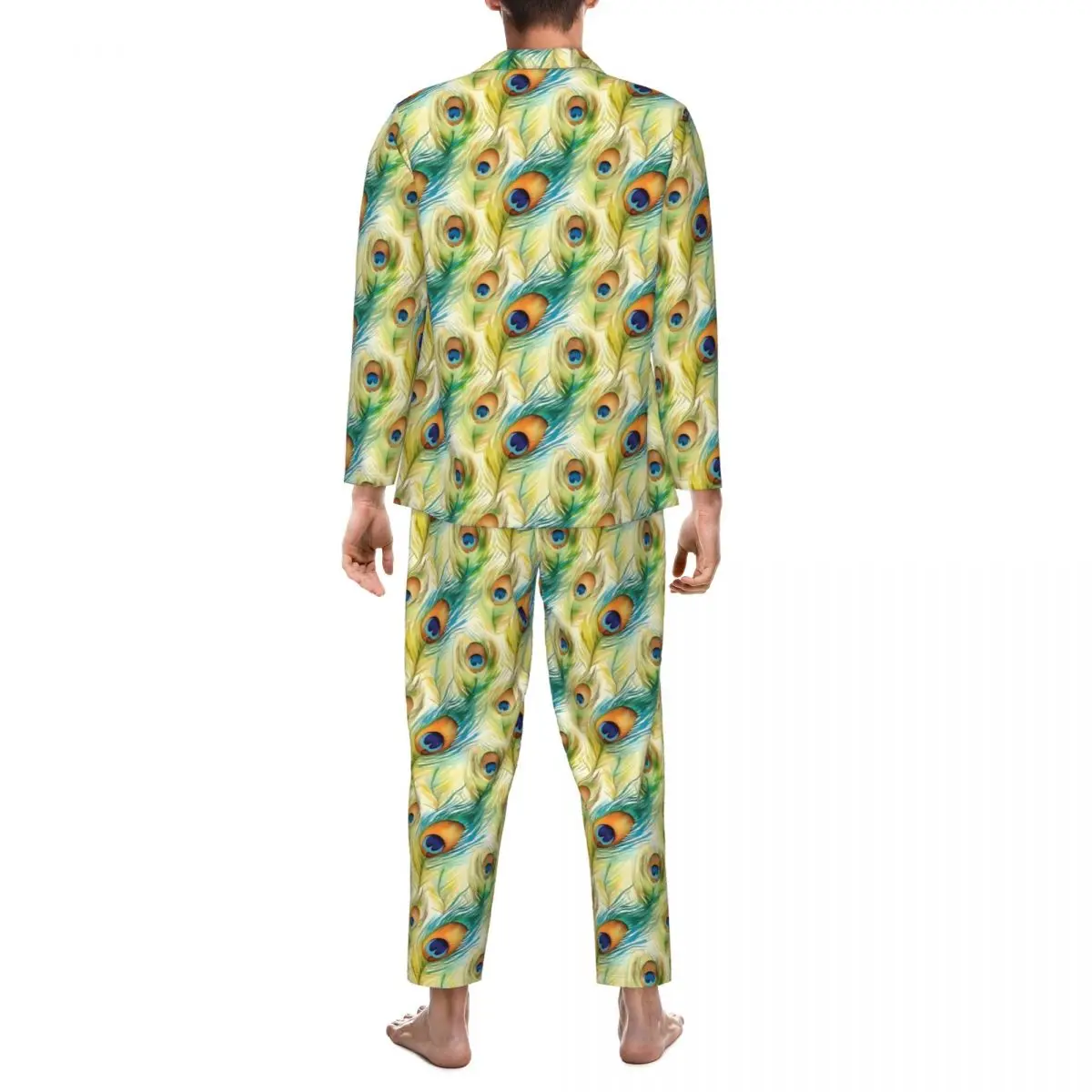 Watercolor Peacock Feathers Pajamas Mens Lovely Sleep Sleepwear Autumn 2 Pieces Casual Oversize Graphic Pajama Set