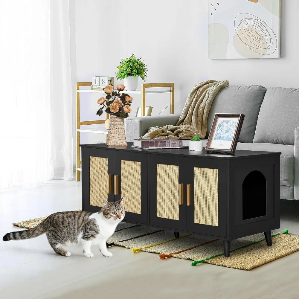 Wooden Double-Door Cat Litter Enclosure for Two Cats with Rattan Accents and Washroom Design