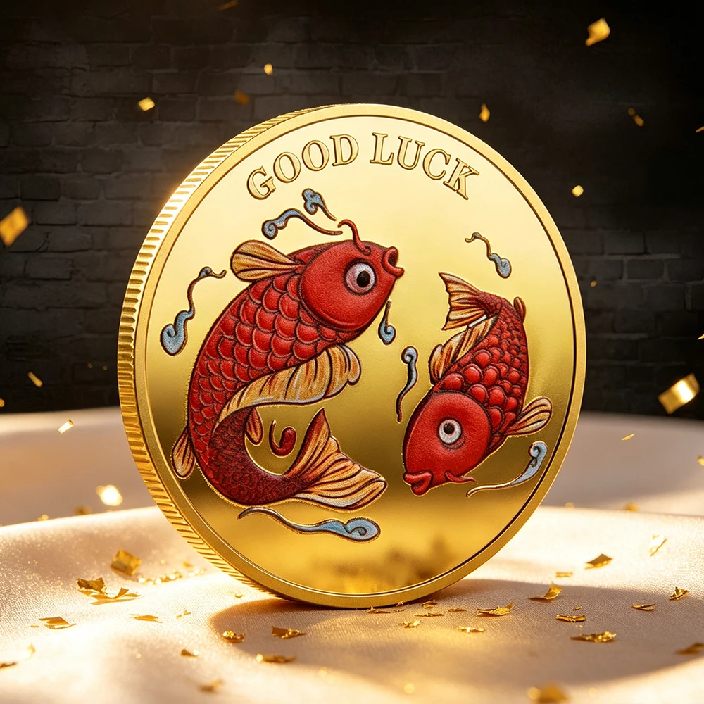 1pc Lucky Koi Fish & Elephant Commemorative Coin 777 Fortune Good Luck Motivational Souvenir Coin Birthday Gifts