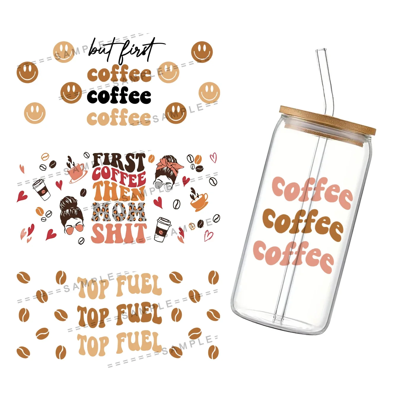 Coffee Pattern UV DTF Cup Wrap for 16Oz Libbey I Need Coffee Glass Can DIY Transfer Sticker