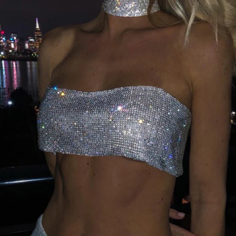 

Sparkly Diamond Crop Tops Crystal Rhinestone Nightclub Party Sexy Backless Y2K Tank Top Strapless Vest Festival Rave Outfits