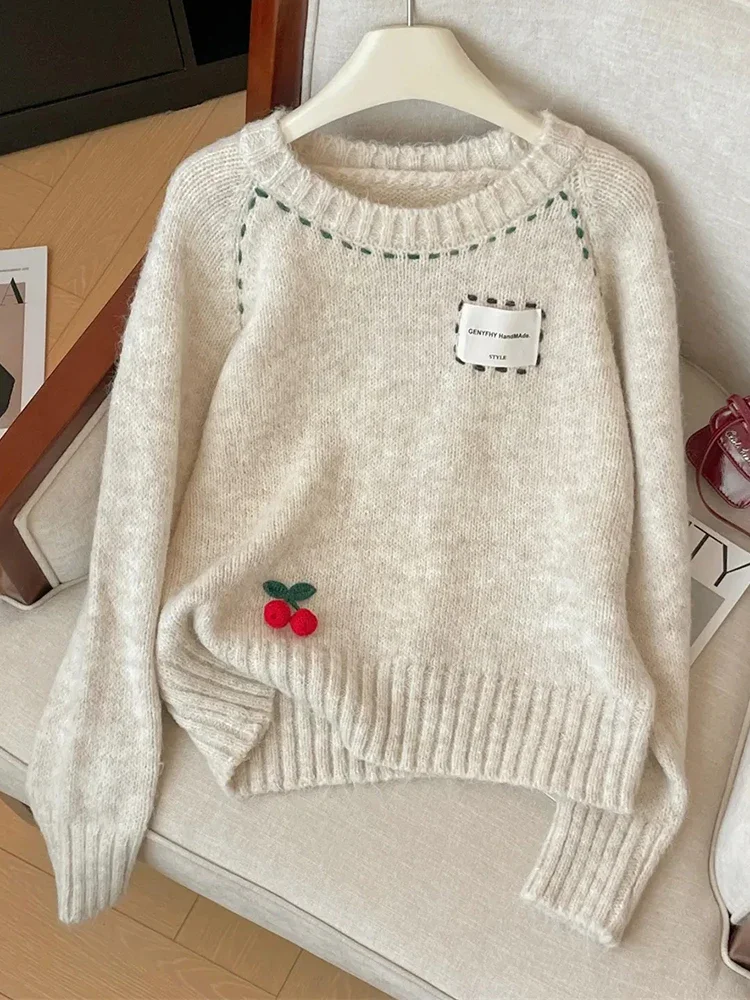 

Zoki Cute 3D Cherry Sweaters Women Lazy Wind Long Sleeve Knitted Jumpers Japan Loose O Neck Female Kawaii Sweet Pullovers Tops