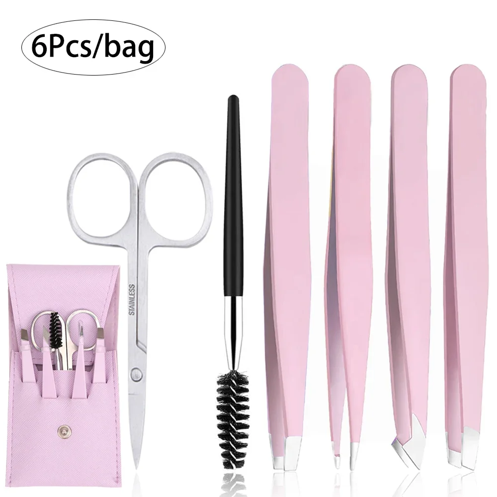 4/6Pcs Eyebrow Hair Removal Tweezers Set Stainless Steel Eyelash Clip Tweezer Point Slant Flat Eyebrow Forceps Tip Makeup Tools