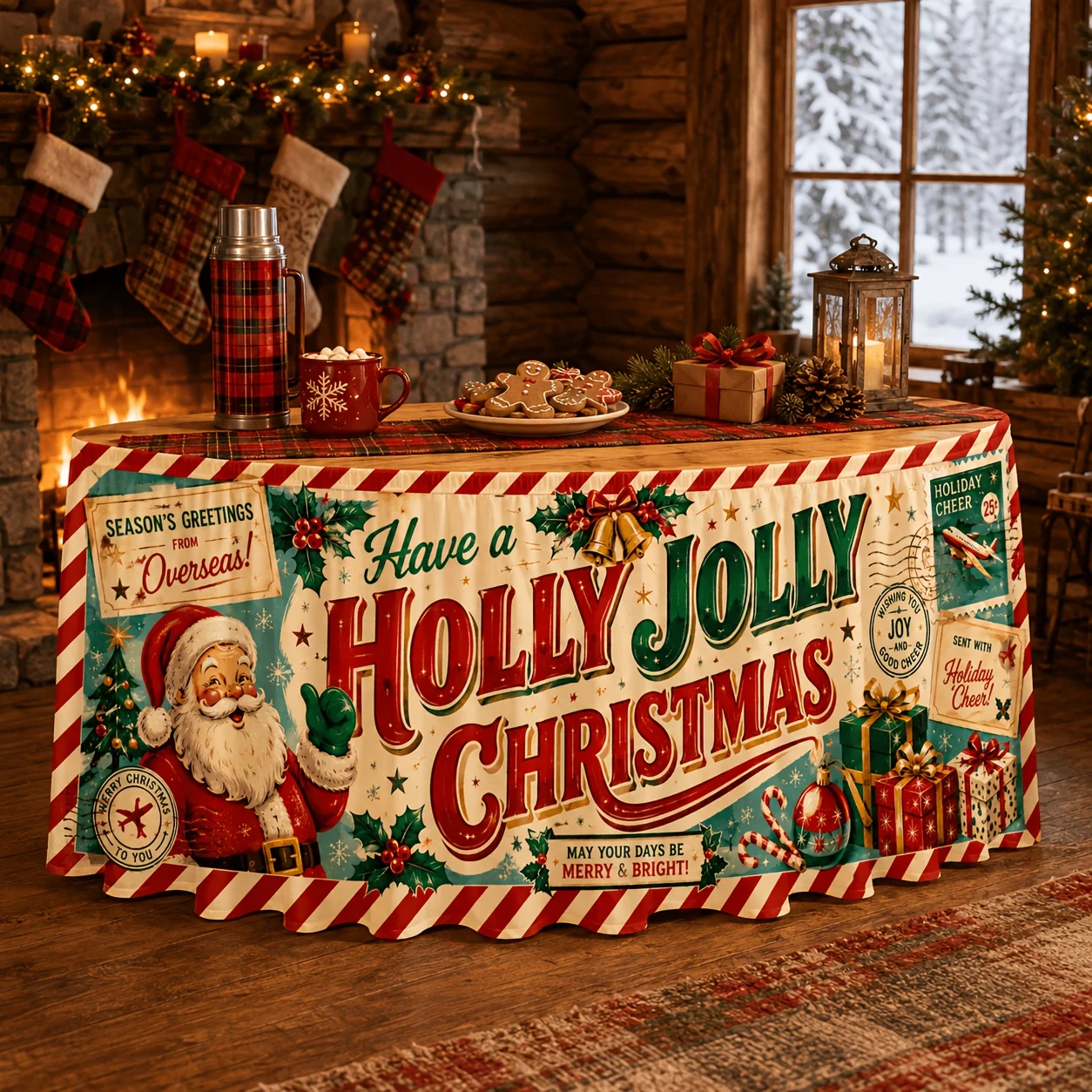 1 tablecloth table skirt, polyester vintage, Santa Claus, Christmas, gift box, ringing bell, branches