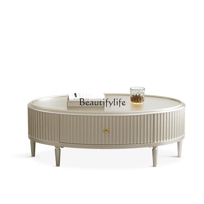 

z.Z.American light luxury solid wood coffee table living room household oval champagne gold tea table
