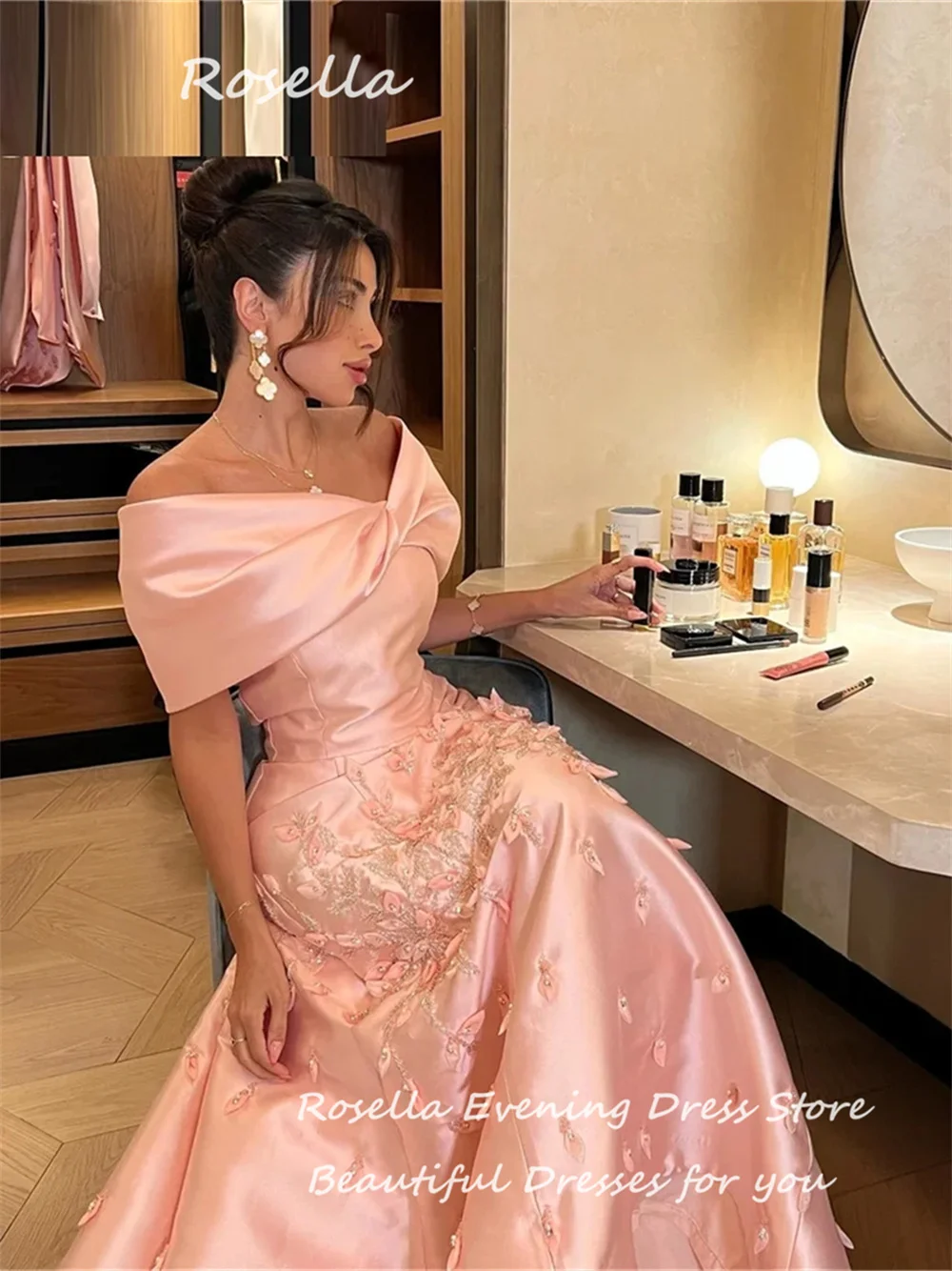 ROSELLA Pink Off Shoulder Women Evening Dresses A Line Floor Length Prom Gown 3D Flowers Beaded New 2023 فساتين الحفلات