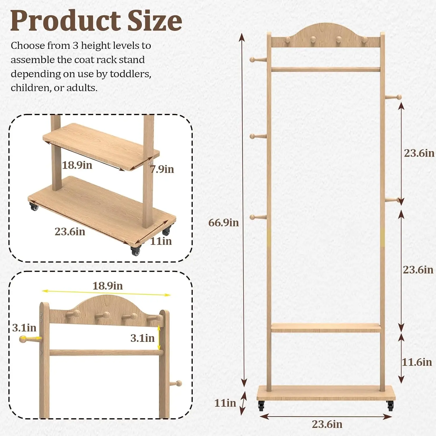 9 Hooks Solid Wood Clothing Rack 2 Shelves Freestanding Wheels Coat Tree Hat Hanger Home Corner Storage, Customized