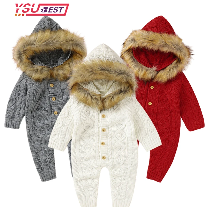 

Kids Toddler Knit Jumpsuit Winter Newborn Baby Clothes Rompers Hairy Hooded Rompers Autumn Baby Girl Boys Fashion Infant Costume