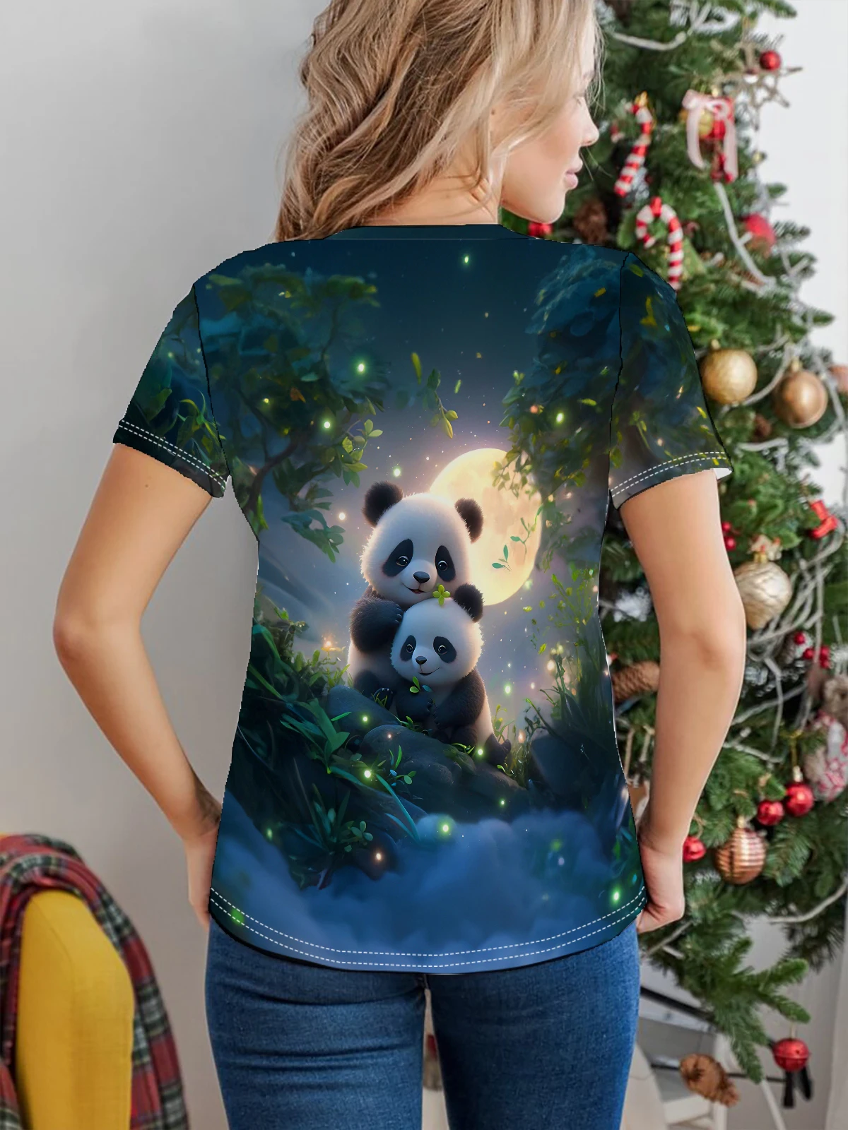 Panda Print Crew Neck T-Shirt, Casual Short Sleeve Top For Spring & Summer, Women's Clothing