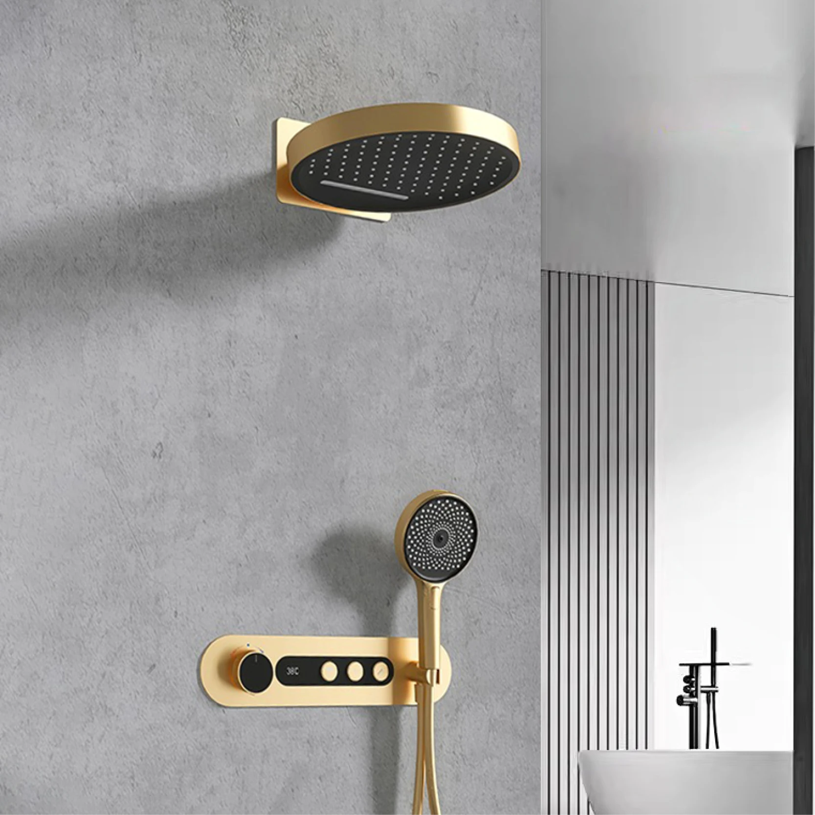 Gun Grey Brass Thermostatic Shower Set，Wall-Mounted Rainfall With LED Display，Anti-Scald 3 Spray Modes Bathroom Shower System - Image 2
