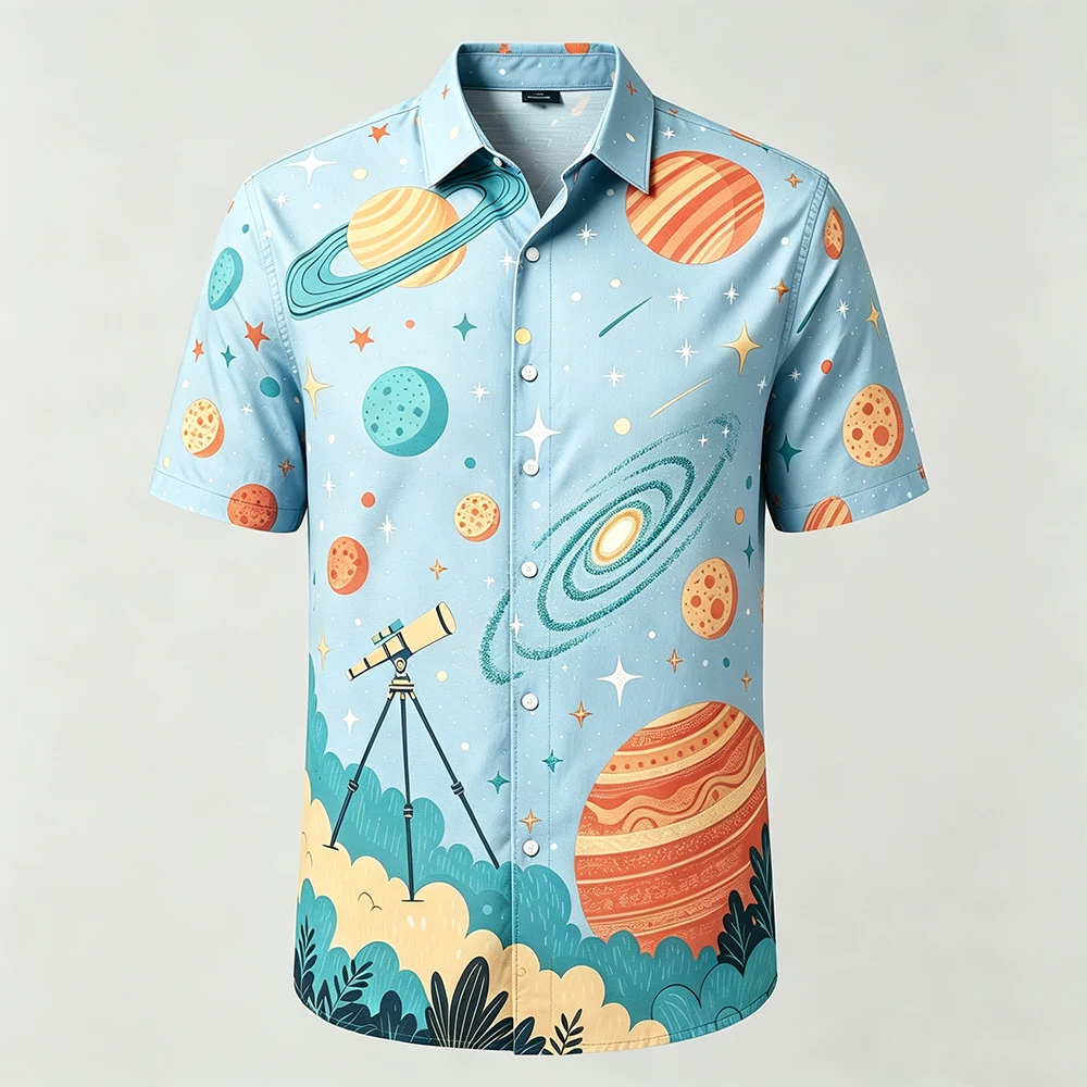 Men's Summer New Starry Sky Shirt, Starry Night Romantic Summer Vacation Shirt