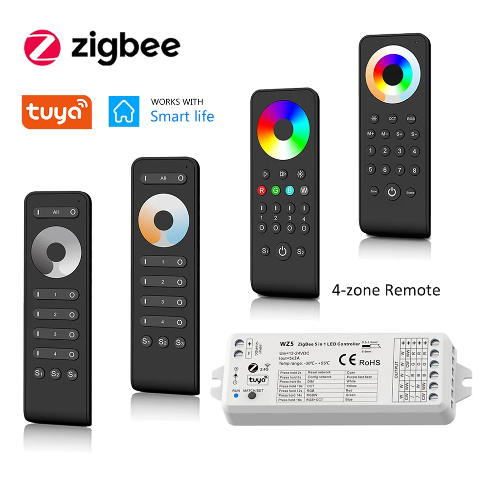 Tuya Zigbee 3.0 Led Controller Dimmer 12V 24V Single Color RGB RGBW RGB+CCT Strip 2.4G Remote Smart Life APP Alexa Voice Control