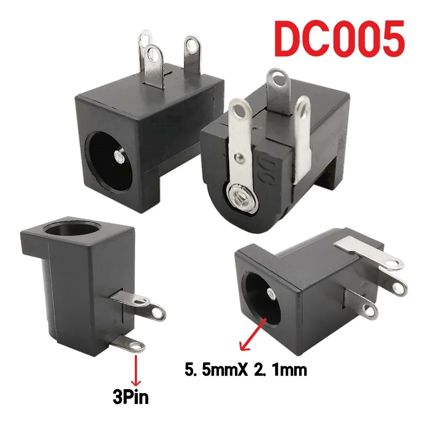 10Pcs DC-005 DC Power Female Jack Adapter Right Angle 3 Pin Barrel Type 5.5x2.1mm DC Jack Socket PCB Mount Terminals Connector