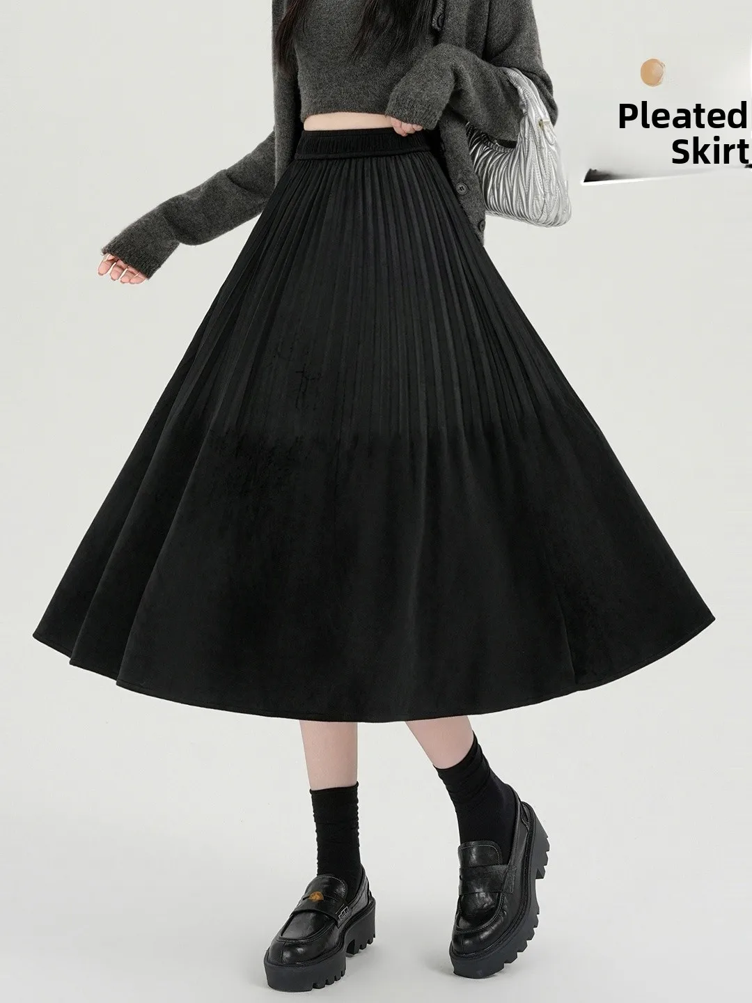 Retro Pleated High Waist A-Line Midi Skirt Slimming Hip Covering Elastic Waist Versatile Commute Friendly Skirts