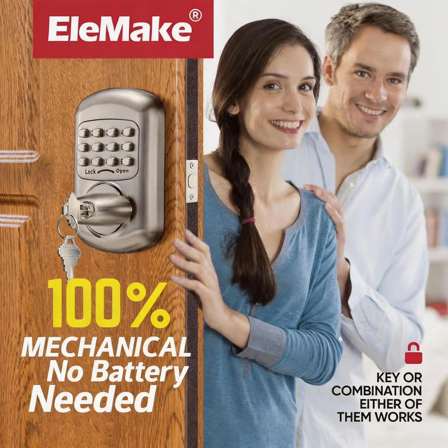 Bravex Mechanical Keypad Deadbolt Lock Black, Keyless Entry Sabbath Shabbos Lock Zinc Alloy No Battery Low Power Risk for Home Front Door, Satin Nickel