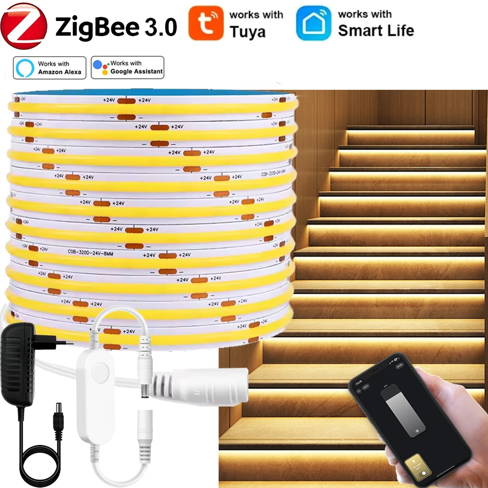 Zigbee 3.0 DC24V COB LED Strip 2M-10M One Roll Flexible Dimming Single Color Linear Light Smart App for Tuya Smartthings 2MQTT