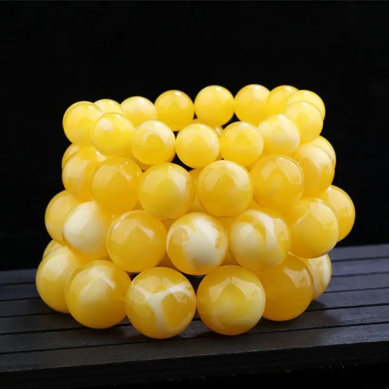 Russian bracelet, Baltic Sea chicken fat yellow with floral patterns, Buddhist , white amber round beads