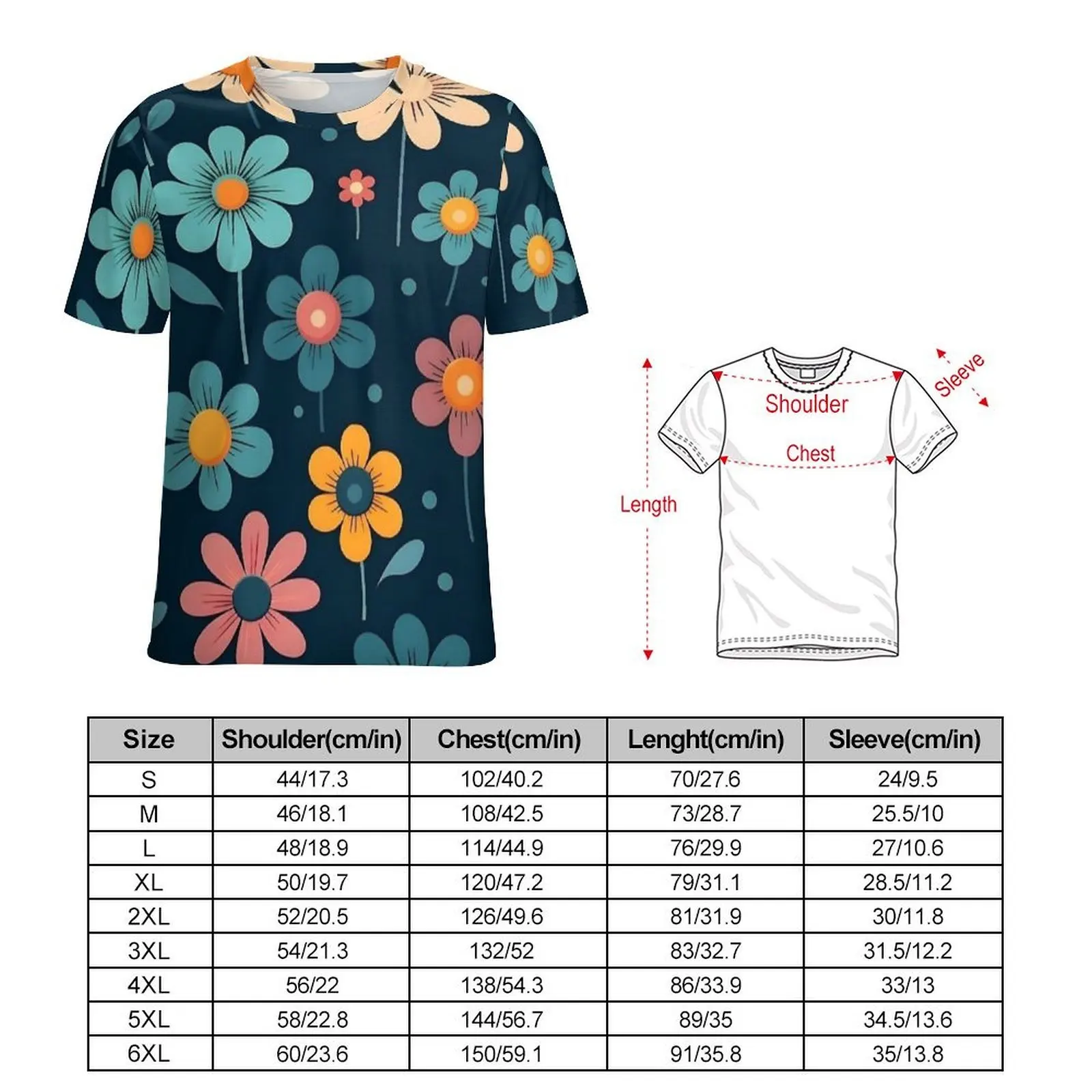 Retro Colorful Floral Print T Shirt Man Novelty T-Shirts Beach Pattern Tee Shirt Short-Sleeved EMO Casual Plus Size Tops Present