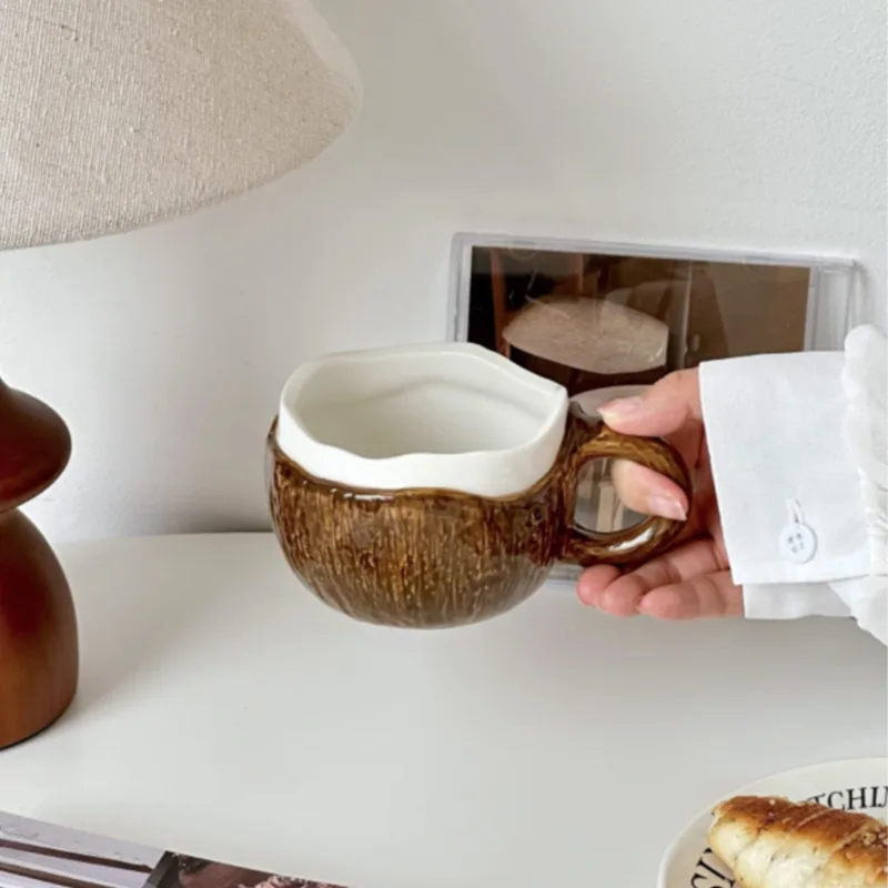 

250ml Creative Coconut-shaped Ceramic Breakfast Milk Milkshake Cup Coffee Cup with Spoon Household Drinking Utensil Accessories