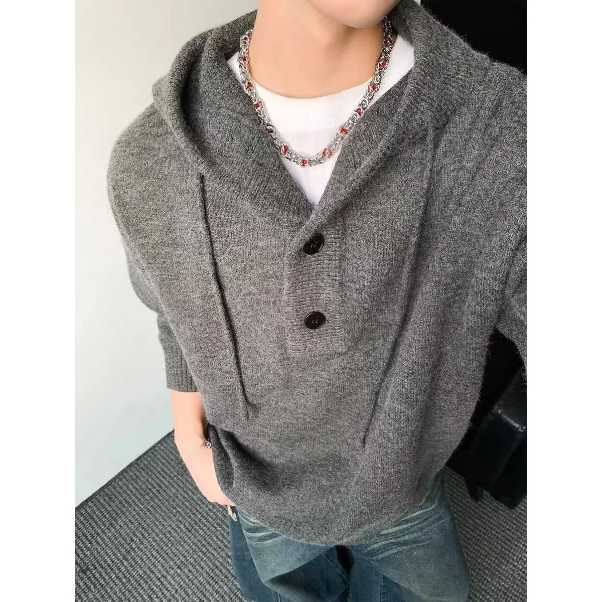 

American Sle Retro Coin Button Hooded Sweater Men's Autumn Winter Heavy Knitted Loose Outerwear ey Versatile Polyester Fiber