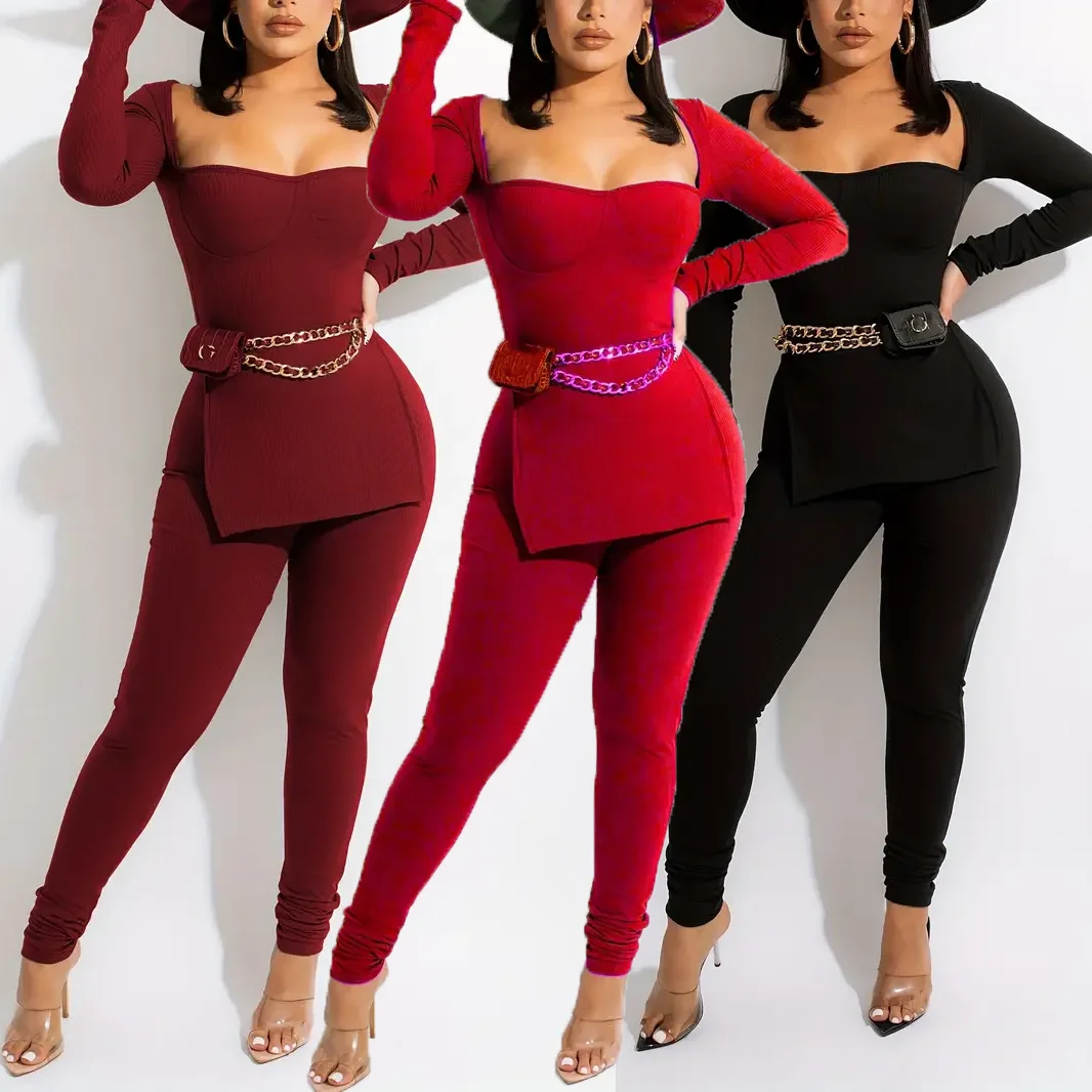 2026 gerippte Damenbekleidung, sexy zweiteiliges Hosen-Set, langärmelige Bluse mit hohem Schlitz und Pit-Streifen-Strumpfhose, Leggings für Damen