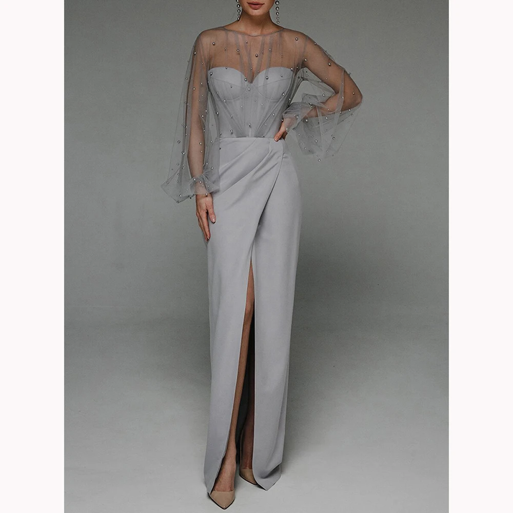 ชุดสตรีเซ็กซี่ Sweetheart คอเพิร์ลสะโพกโคมไฟแขนเสื้อชุดภาพลวงตา O-คอประณีตอย่างเป็นทางการ Evening Party Slit Dresses