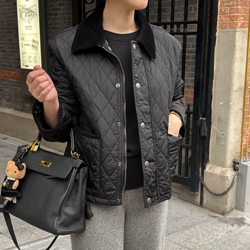 

Women's Cotton Jaet Autumn Winter Casual Loose Fit Velvet Collar Diamond Pattern ort Top Commute Sle Thiened Long Sve