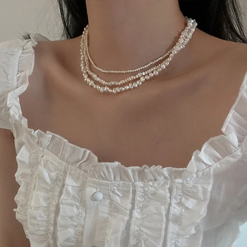 Minar Multiple French Natural Freshwater Pearl Necklace for Women Elegant Irregular Pearls Chokers Necklaces Wedding Jewelry