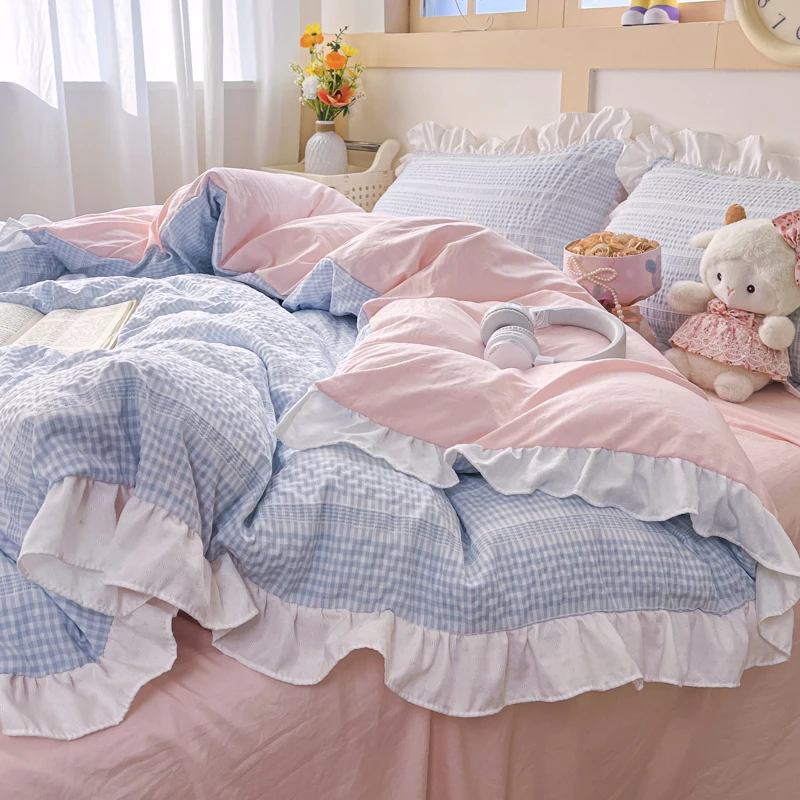 Floral Princess Style Bedding set pink blue Bed Sheet flowers Lace Quilt Cover Ins Bedding For Girls Luxury Home Textiles