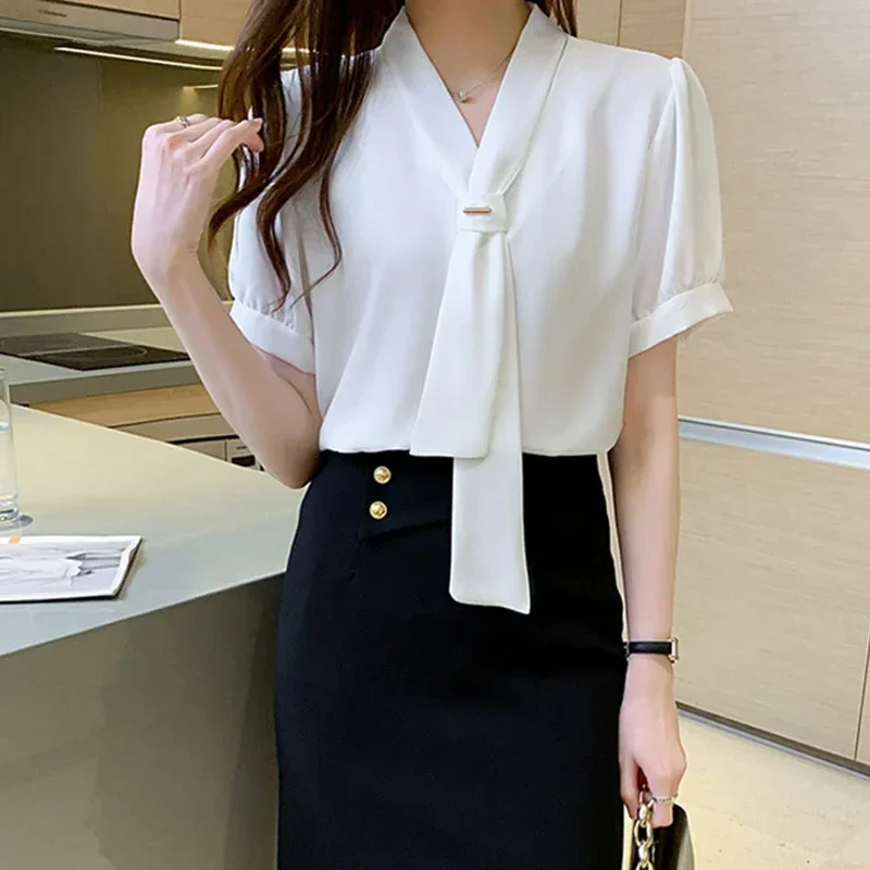 Korean Ribbon Women Shirts Blouses Short Sleeve Shirts Top Chic Office Lady Chiffon Blouse Tops Fashion Woman Tie Shirt