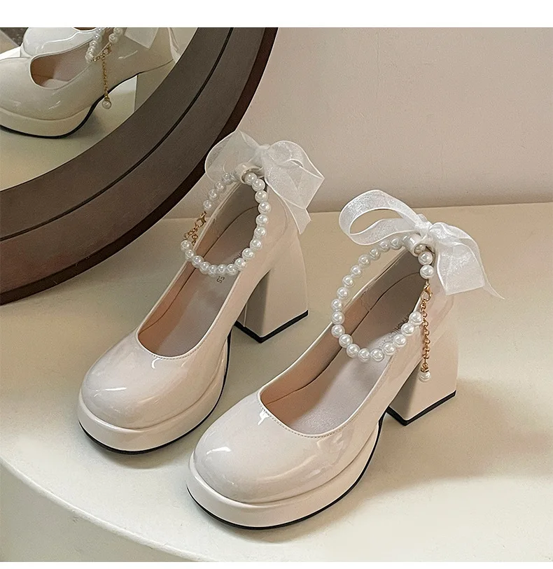 Women High Heels  Shoes Square Toe Pumps Mary Jane Shoes JK Cosplay Square heel party wedding Lolita  Pearl Bow Pumps  A26-91