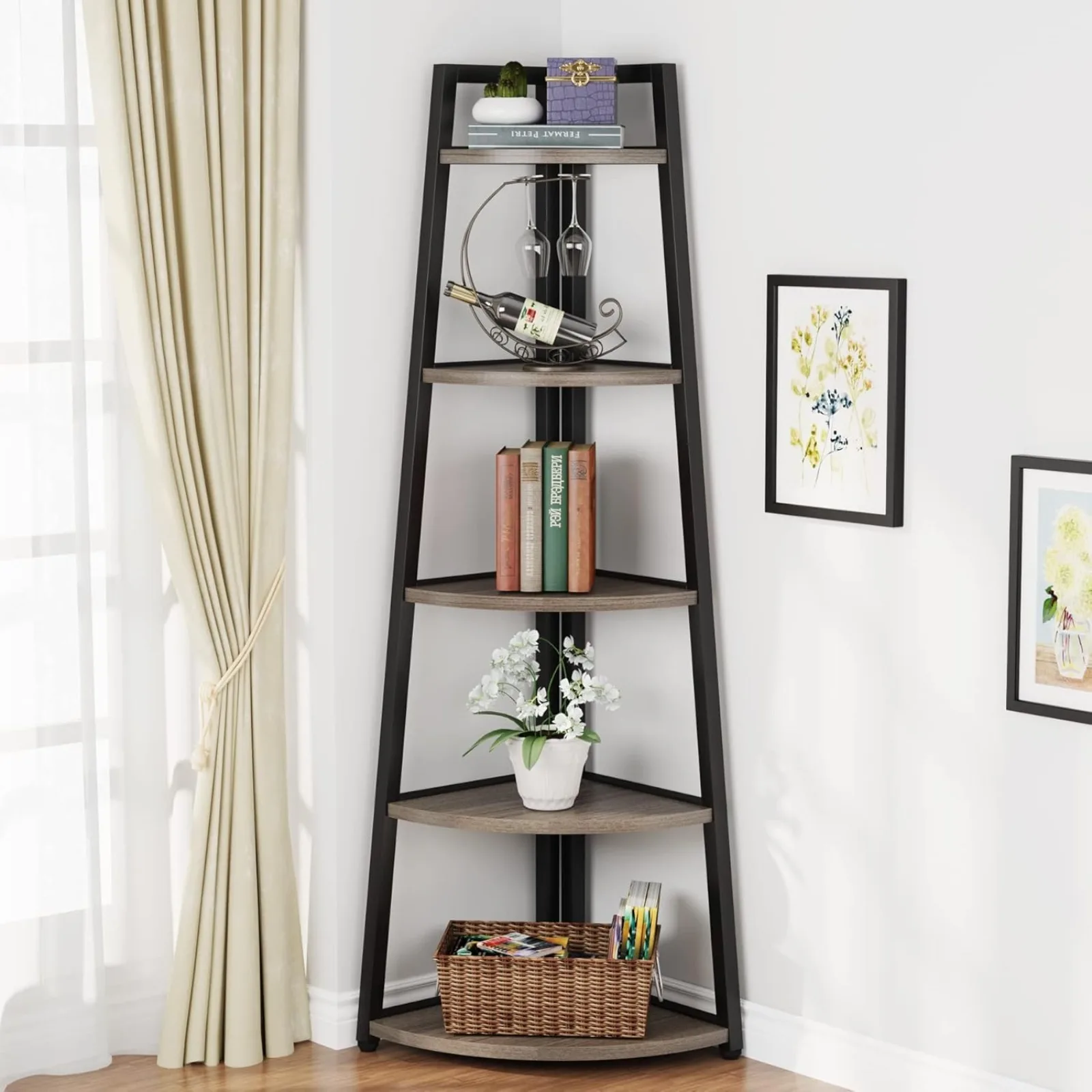 US 70 inch Tall Corner Shelf, 5 Tier Modern Corner Bookshelf Bookcase Industrial Corner Ladder Shelf Plant Stand for Living Room