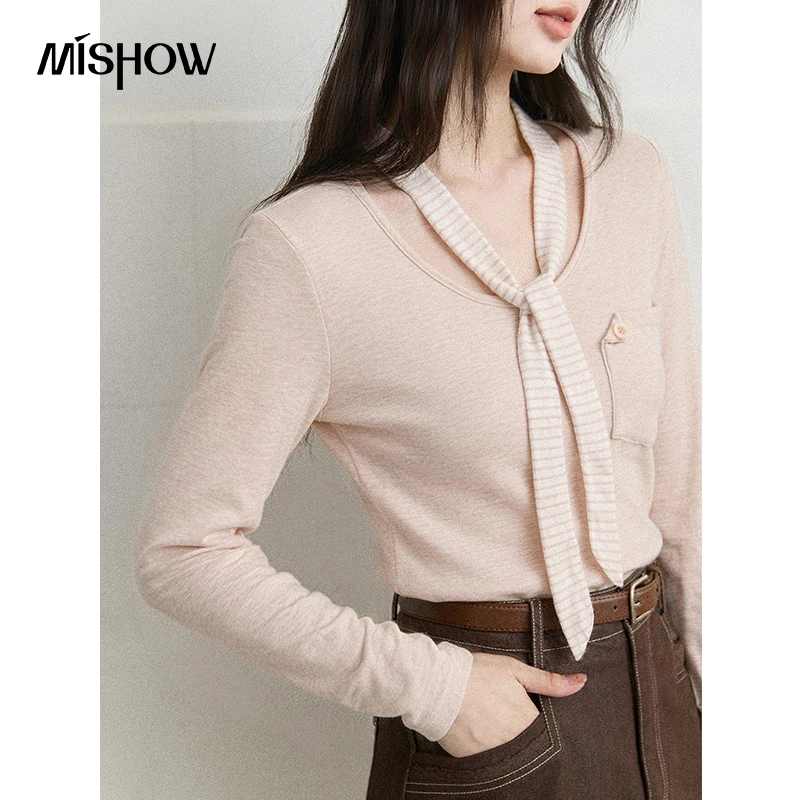 MISHOW Women's Korean V Neck Knit Tops 2026 Autumn Striped Tie Neck Long Sleeve Knitwear Slim Pocket Design Sweater MXF44T3167