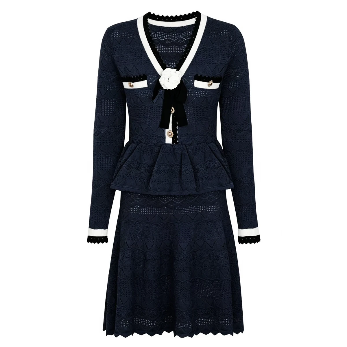26262 Hochwertiges Sommerkleid für Damen, gestrickt, V-Ausschnitt, mit Ausschnitten, Schleife, schlankmachend, langärmelig, mit Rüschensaum