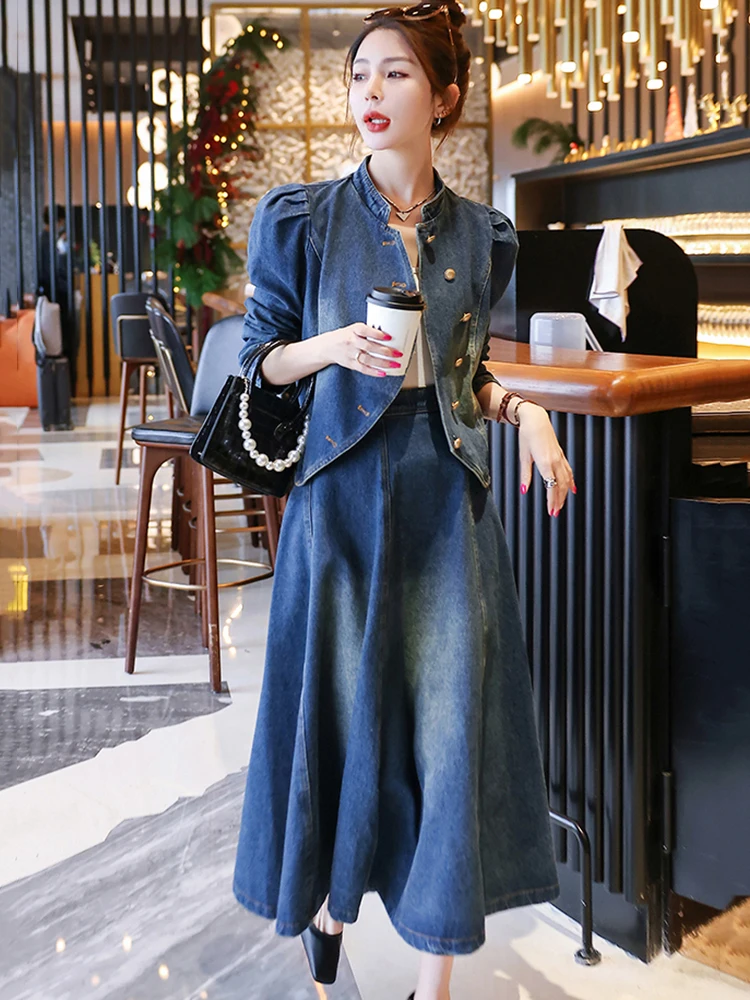 LANMREM Fashion Denim 2 Pieces Set Women Single Breasted Long Sleeves Short Coat High Waist A-line Skirt 2023 Autumn New 2AA2096